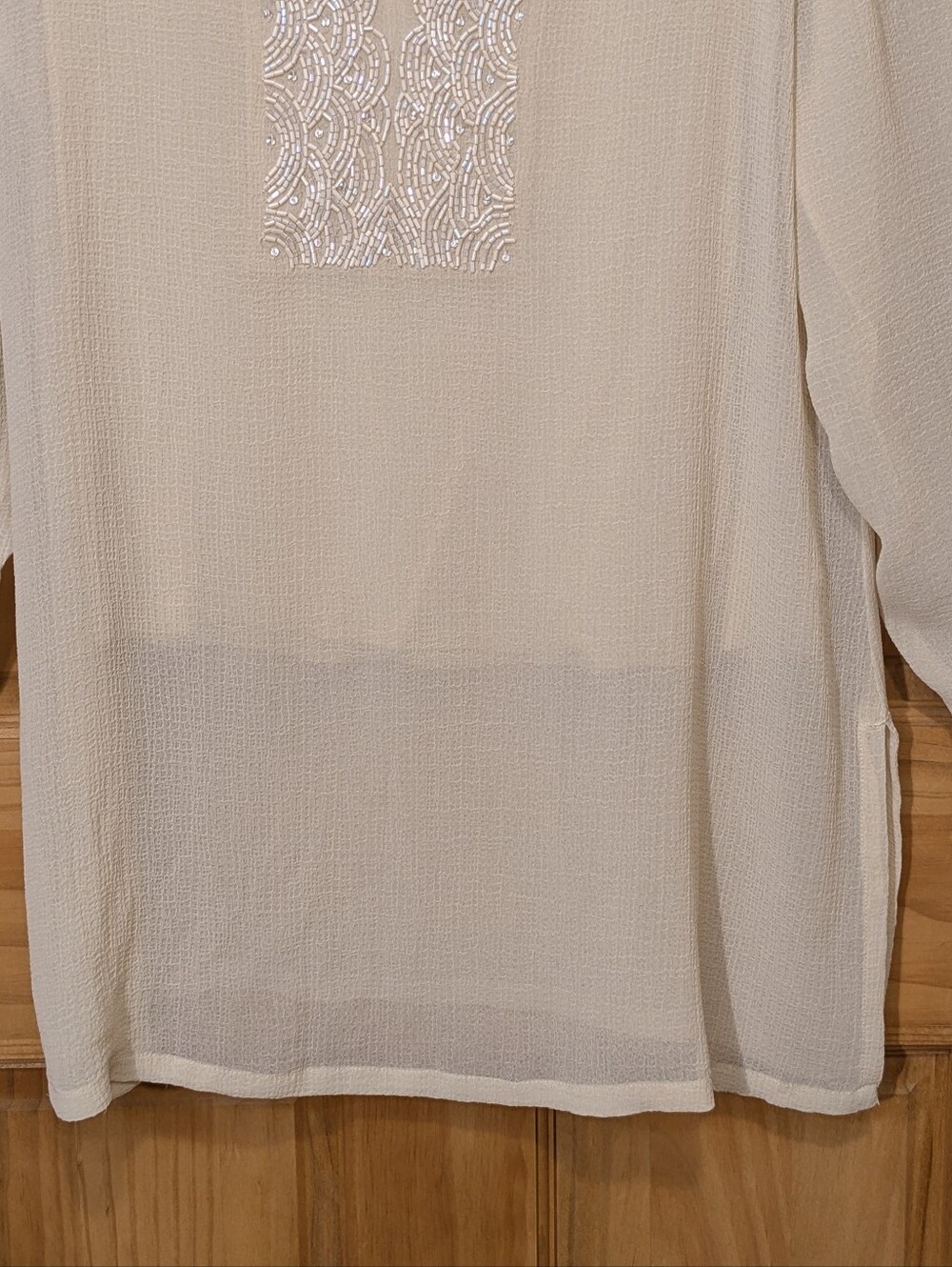 Chico's Drama Embellished Tunic Cashew Cream Beige LS Blouse Sz 0/Sm Boho Flowy - Picture 9 of 16